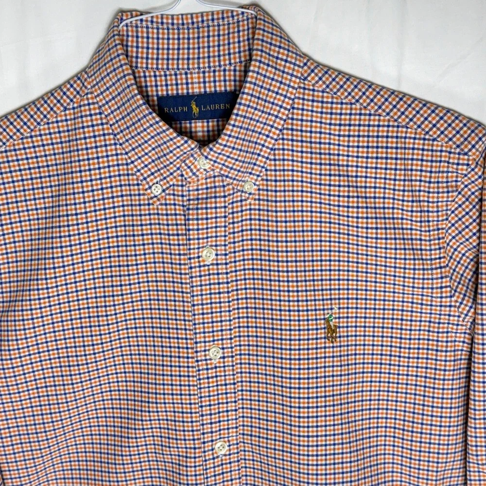 Ralph Lauren Mens Button Down‎ Shirt Orange Blue Plaid Embroidered Pony Size M